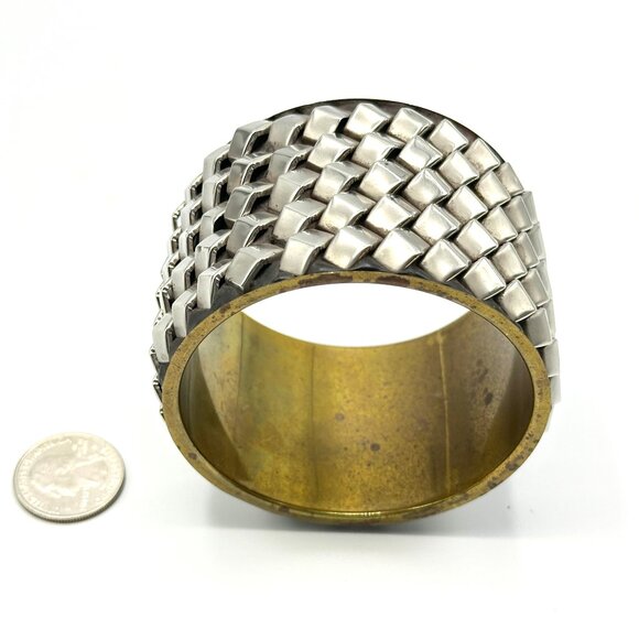 1970s-80s Sterling Silver & Brass Basket-Weave Cuff Bracelet - Picture 3 of 10